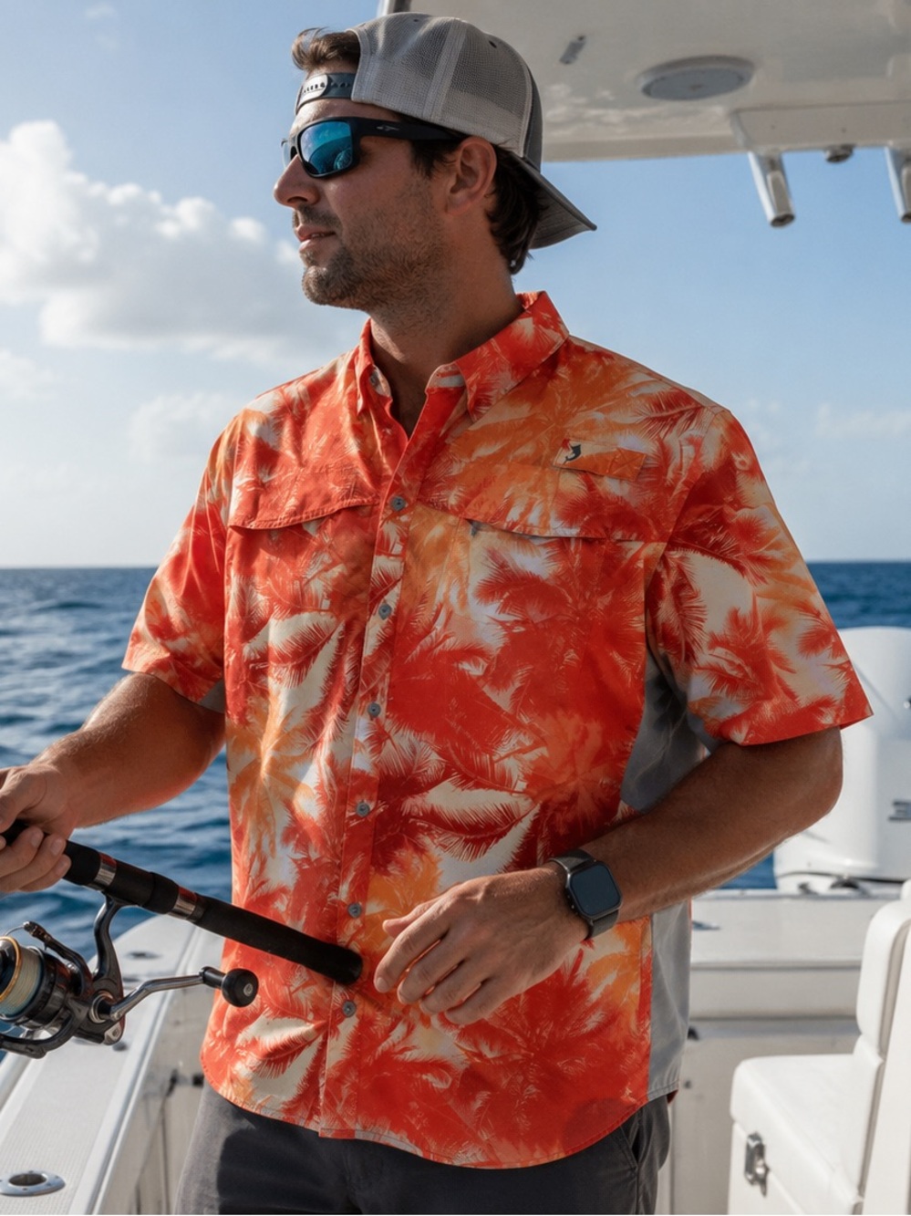 Reel Legends XL Orange Tropical Palm Print Performance Fishing Shirt